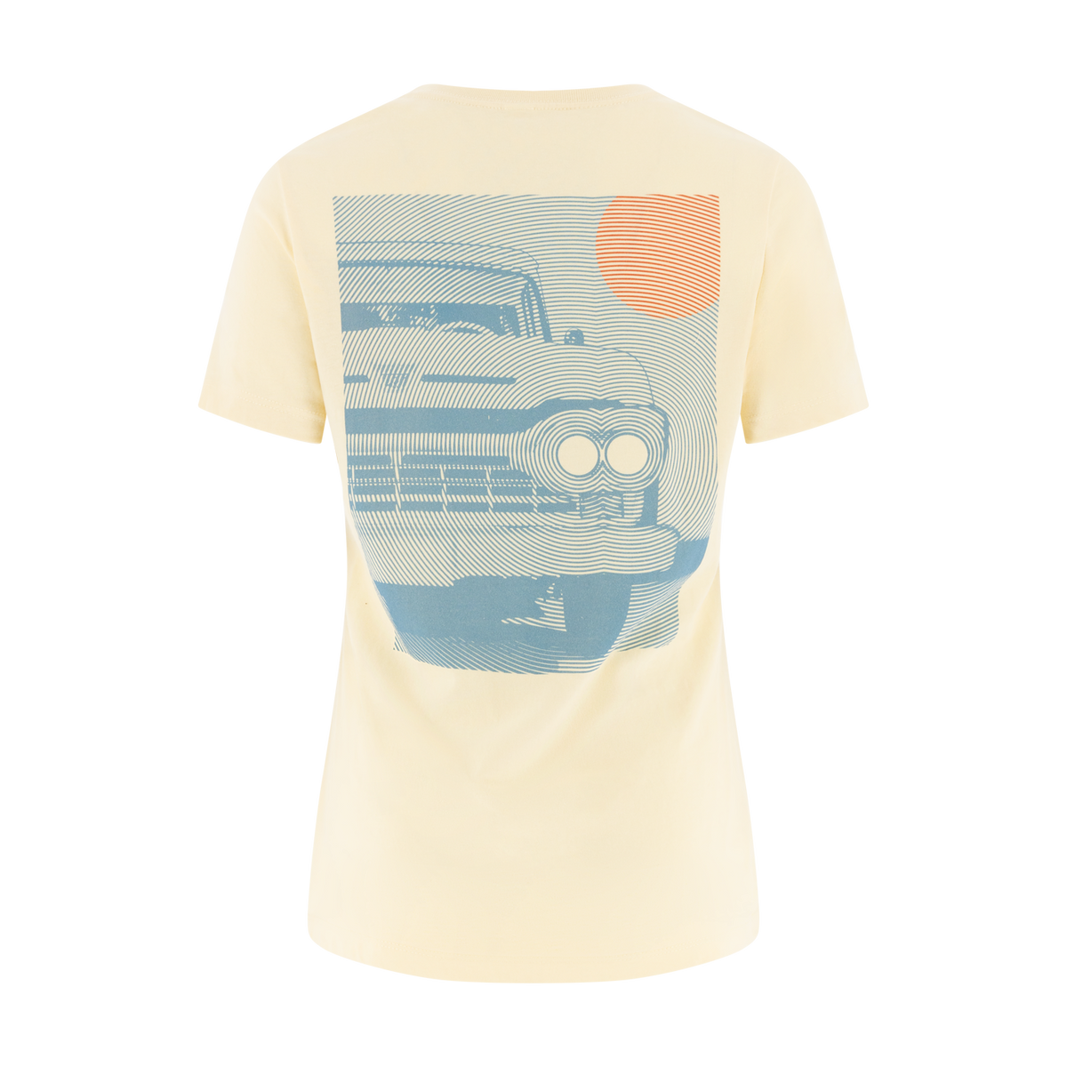 bronco line graphic in blue with an orange sun on a yellow t-shirt