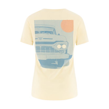 bronco line graphic in blue with an orange sun on a yellow t-shirt