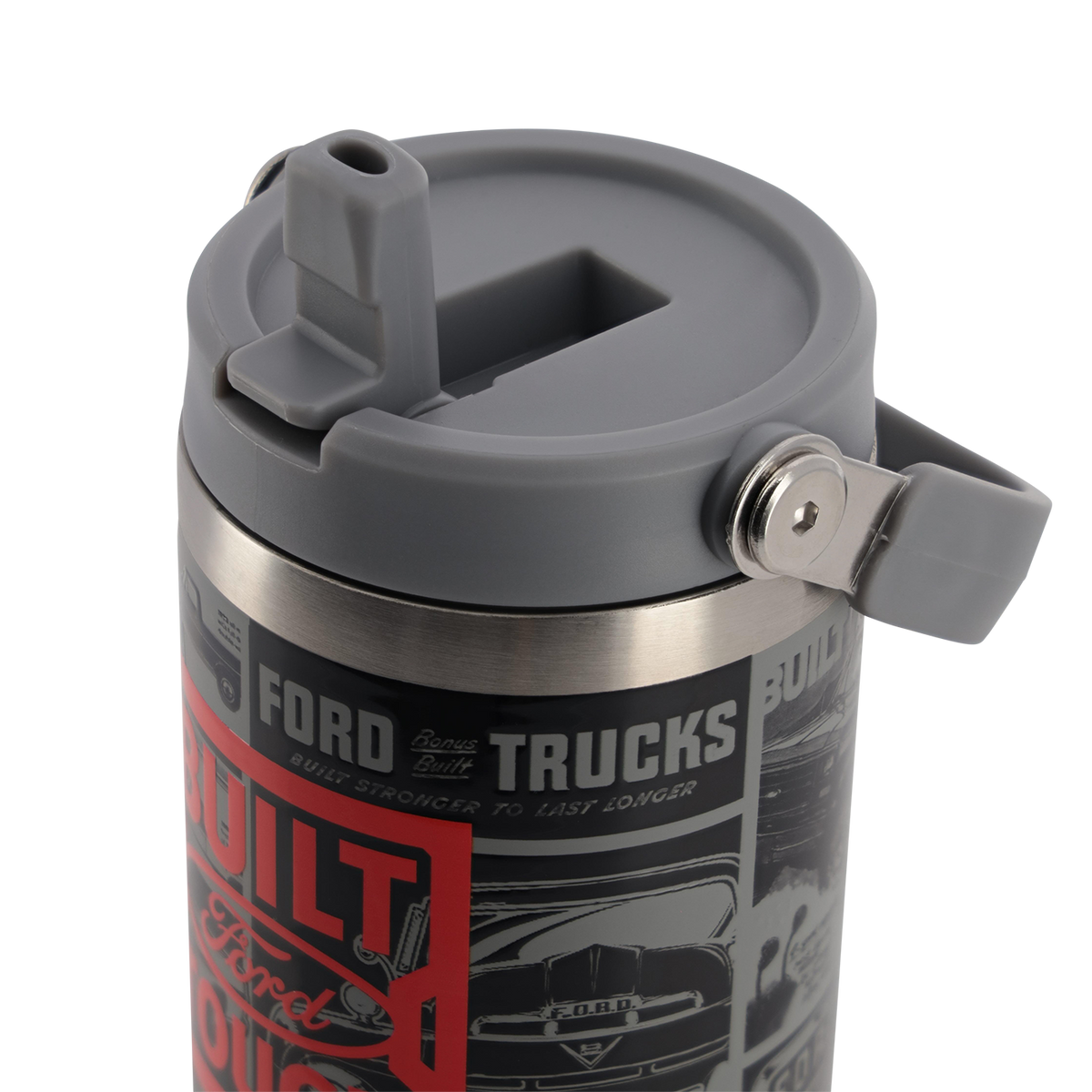 gray lid with drinking spout on a Ford trucks graphic tumbler