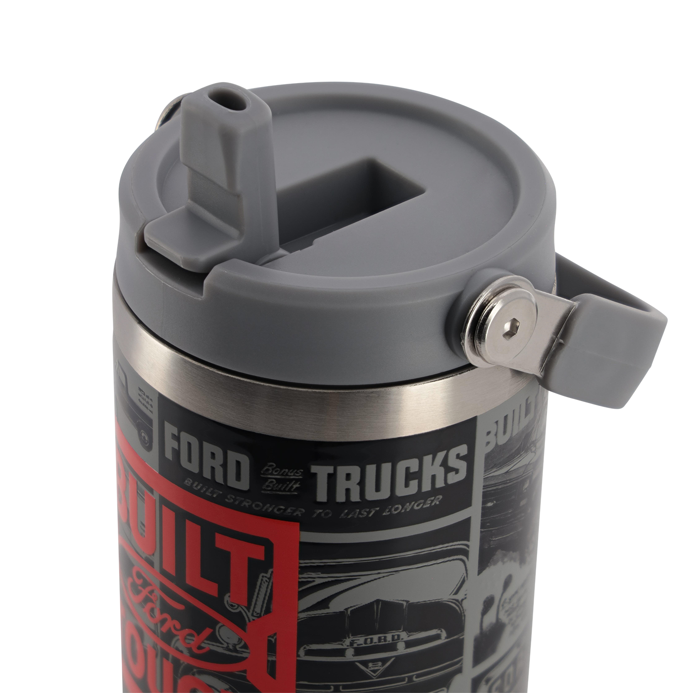 gray lid with drinking spout on a Ford trucks graphic tumbler
