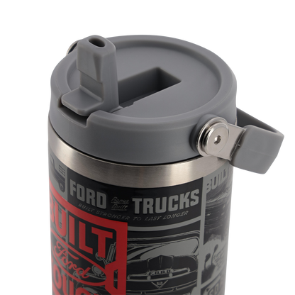 gray lid with drinking spout on a Ford trucks graphic tumbler