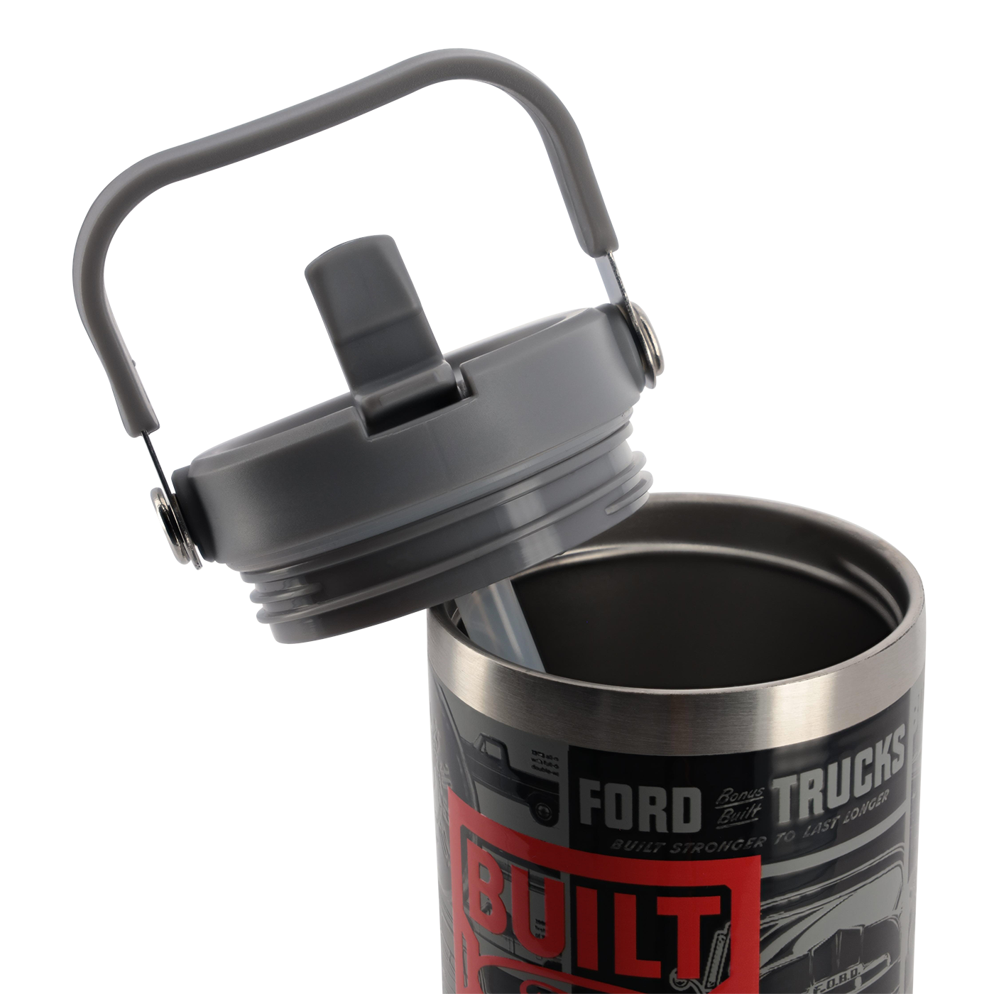 opened lid with spout and straw unscrewed on a built ford tough trucks tumbler