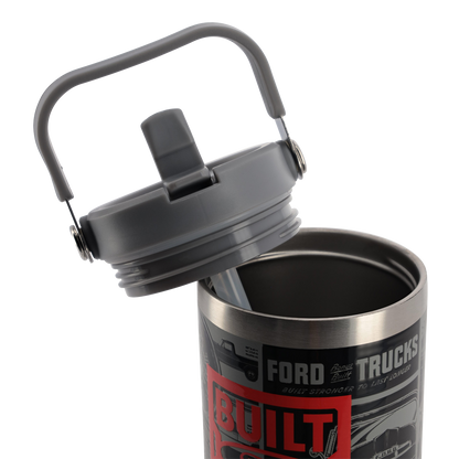 opened lid with spout and straw unscrewed on a built ford tough trucks tumbler