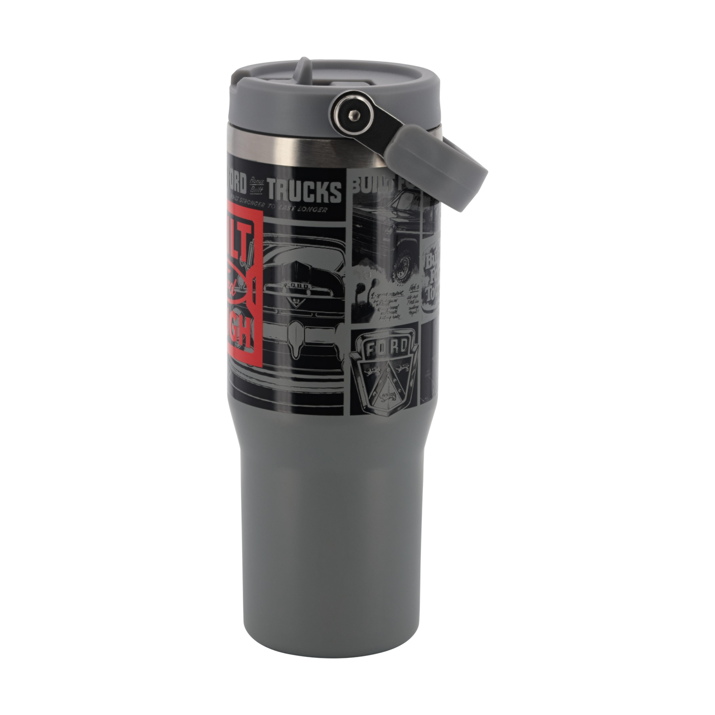 gray tumbler with built ford tough red and gray graphics with a carrying handle