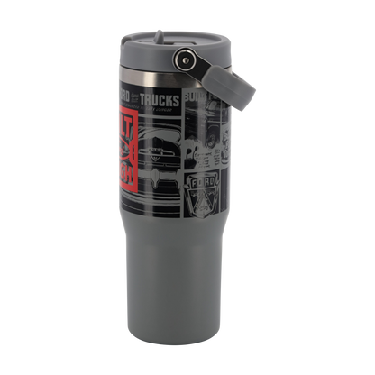 gray tumbler with built ford tough red and gray graphics with a carrying handle
