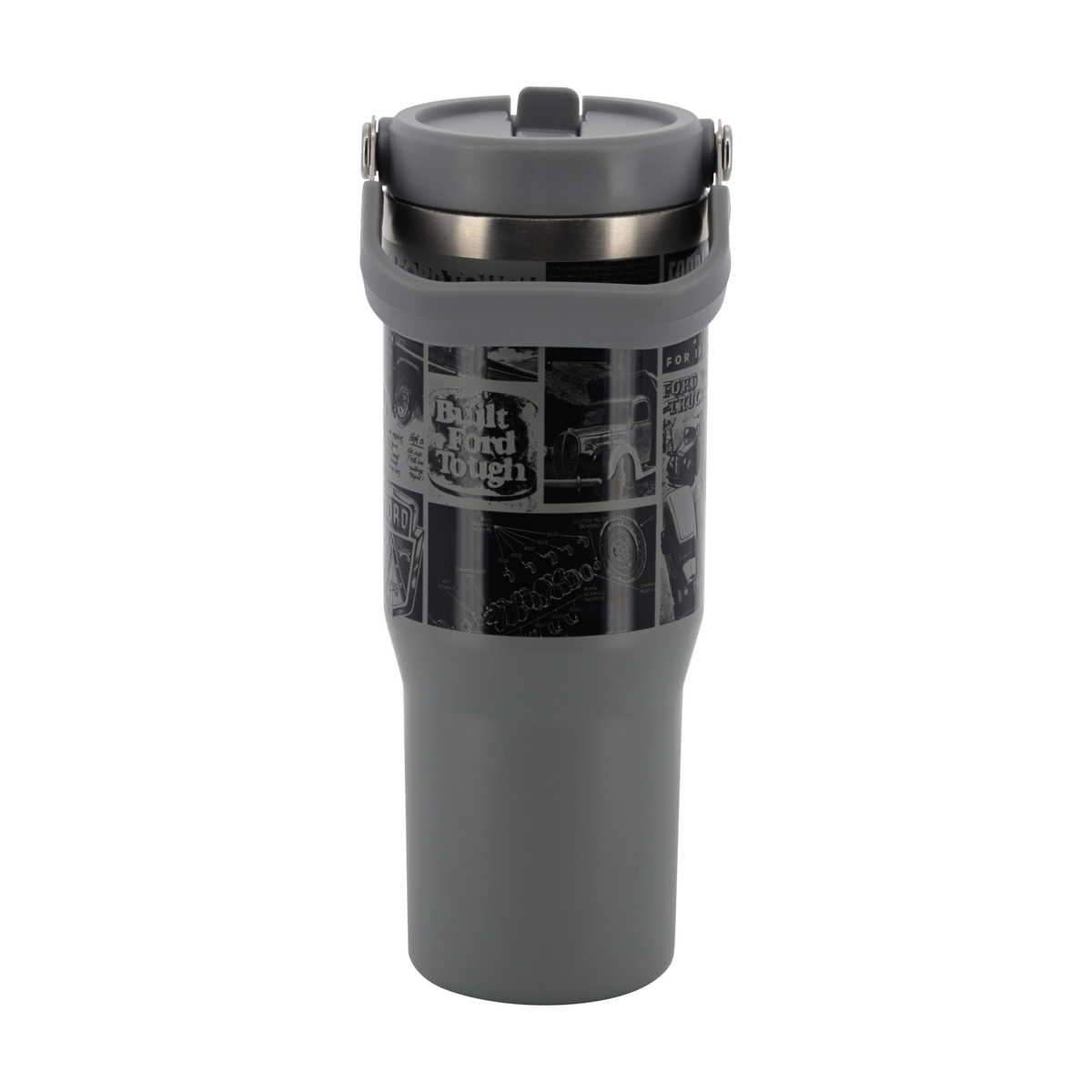  graphic ford truck logo background on a gray tumbler