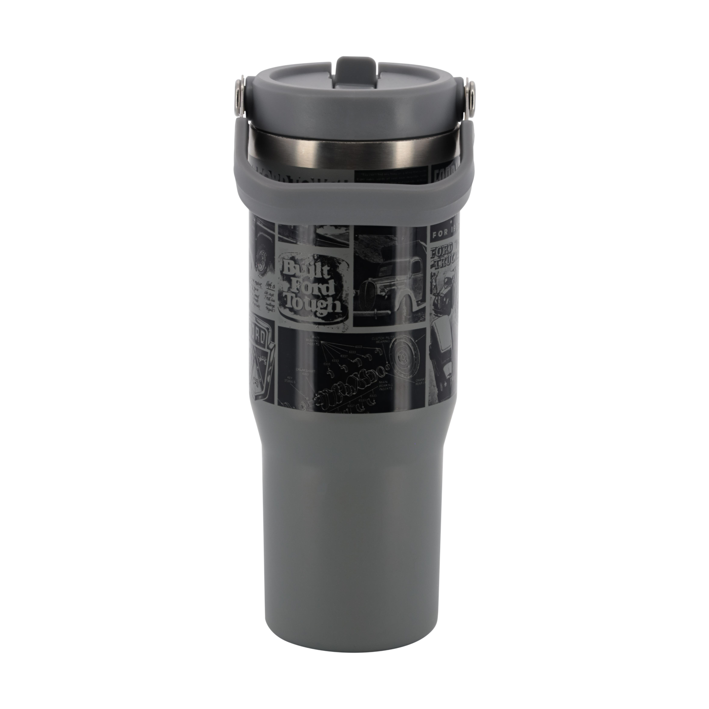  graphic ford truck logo background on a gray tumbler