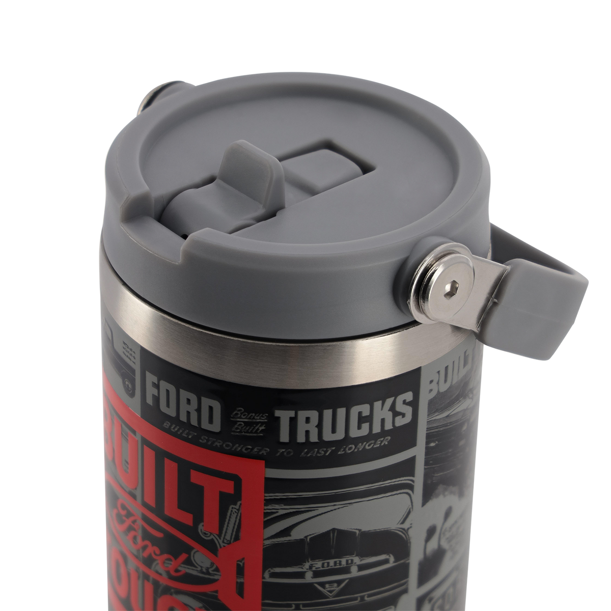 closed spout on gray lid of a ford trucks tumbler