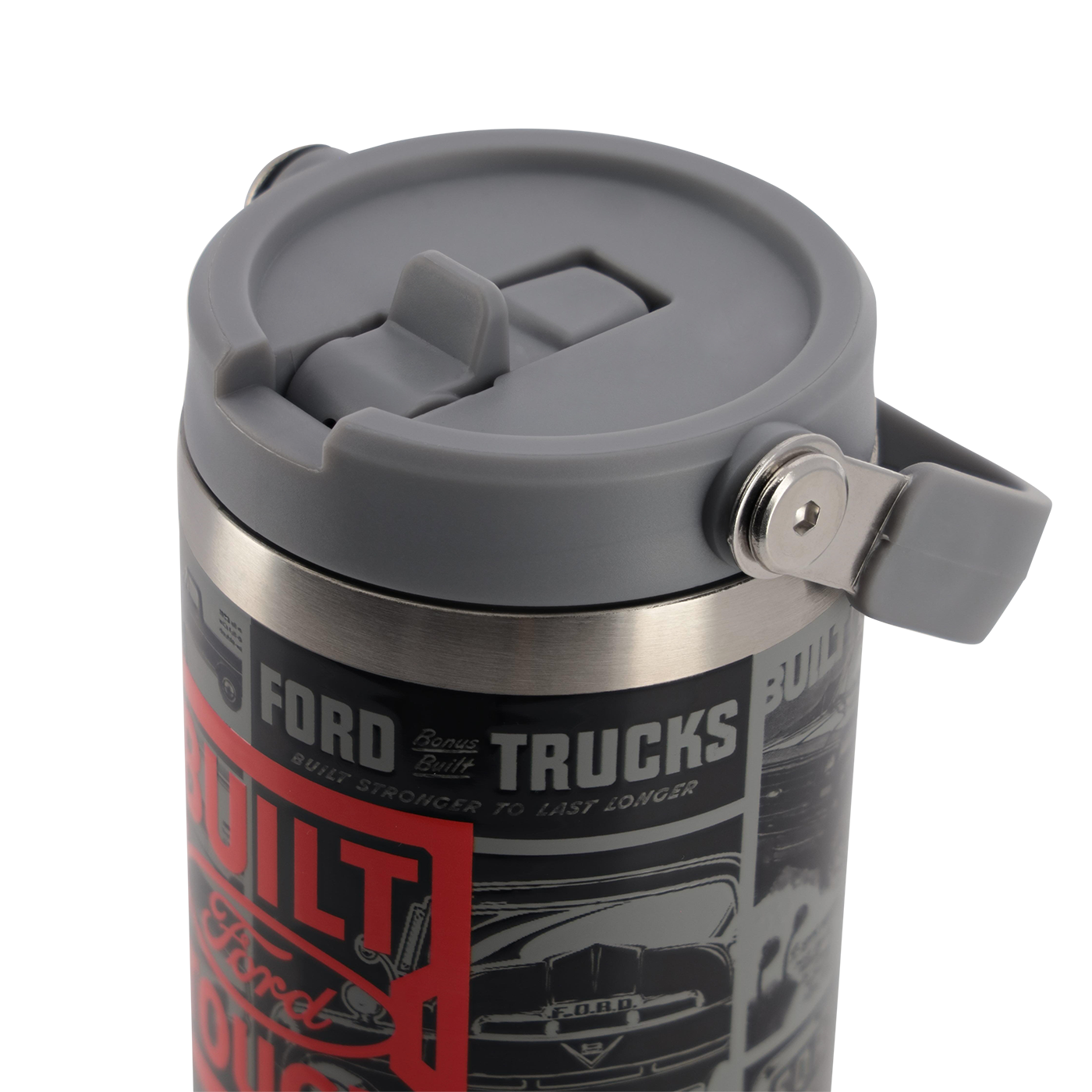 closed spout on gray lid of a ford trucks tumbler