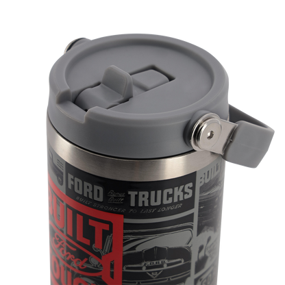 closed spout on gray lid of a ford trucks tumbler
