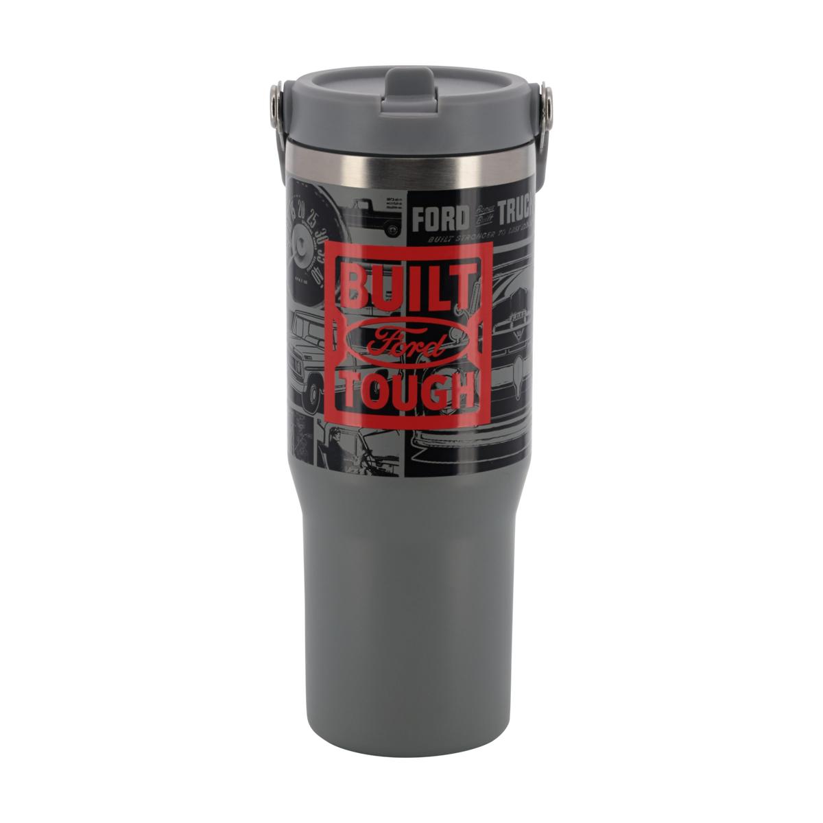 red built ford tough logo on a graphic ford truck logo background on a gray tumbler