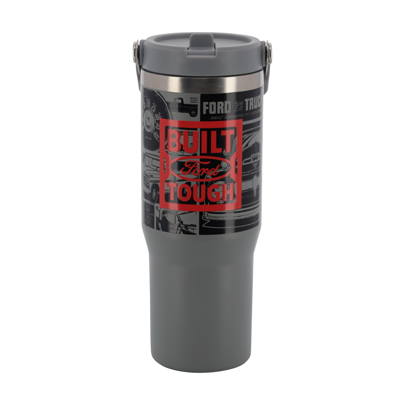 red built ford tough logo on a graphic ford truck logo background on a gray tumbler