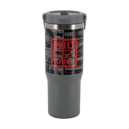 red built ford tough logo on a graphic ford truck logo background on a gray tumbler