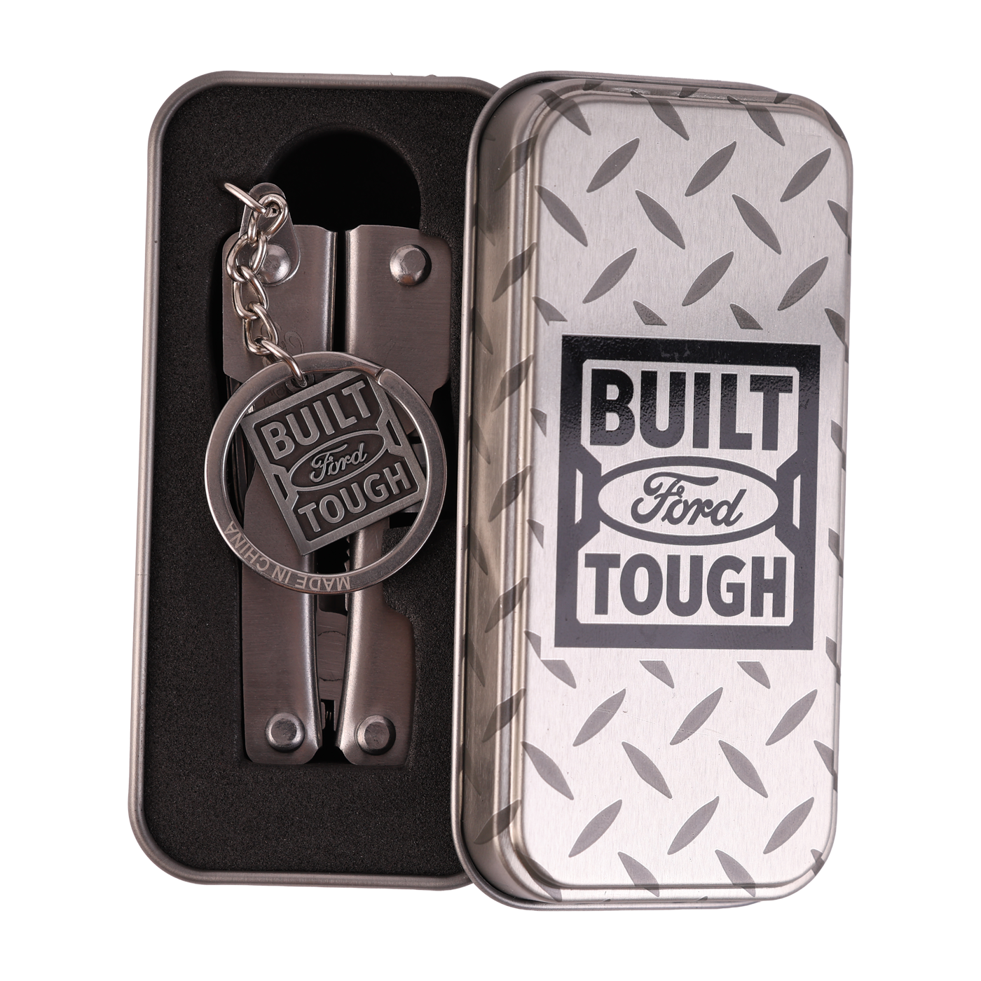 Multitool keychain with 'Built Ford Tough' tag in a branded tin box.
