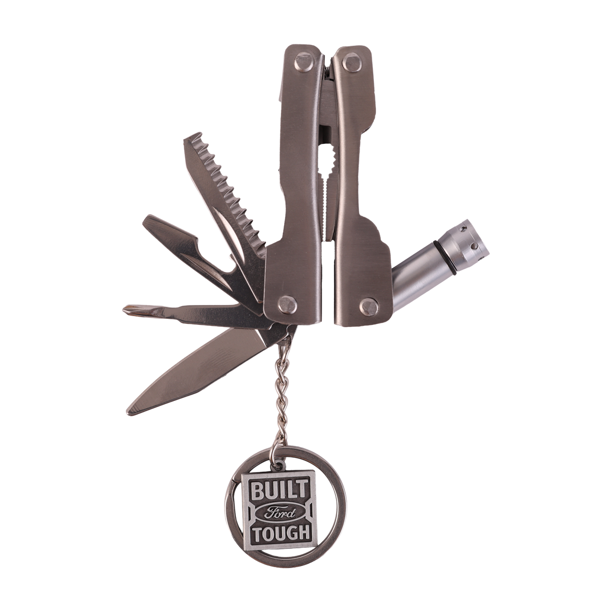 Multitool with multiple tools and a 'Built Ford Tough' charm on a white background