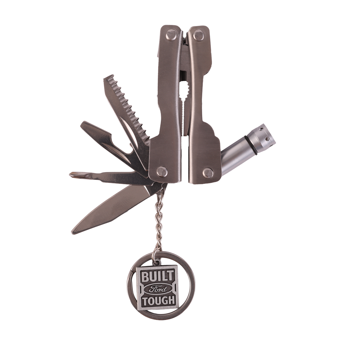 Multitool with multiple tools and a 'Built Ford Tough' charm on a white background
