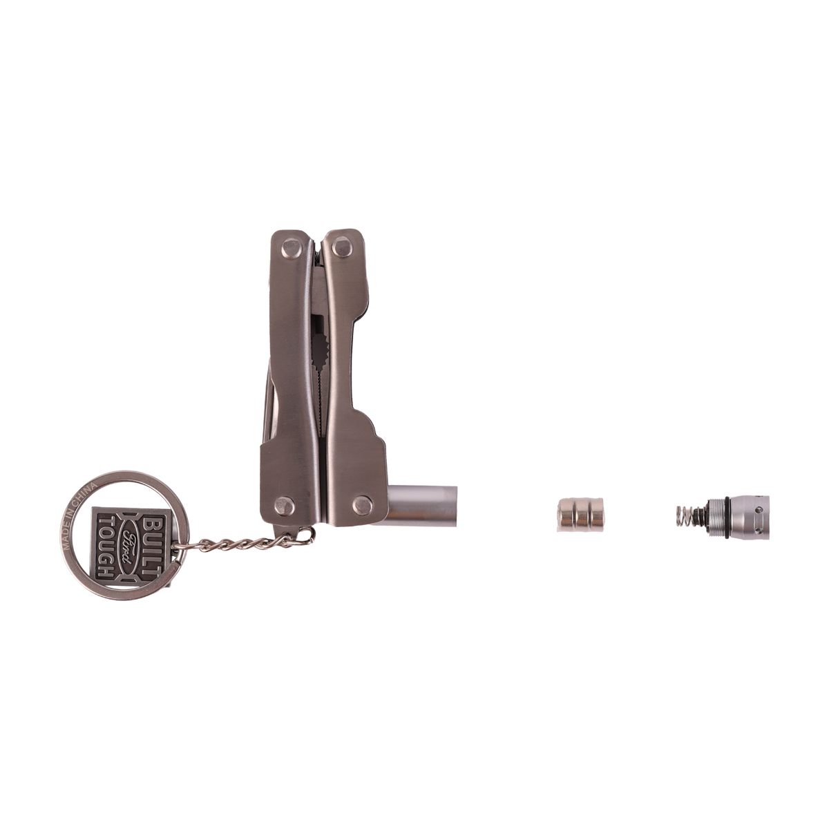 Multi-tool with keychain attachment on a white background