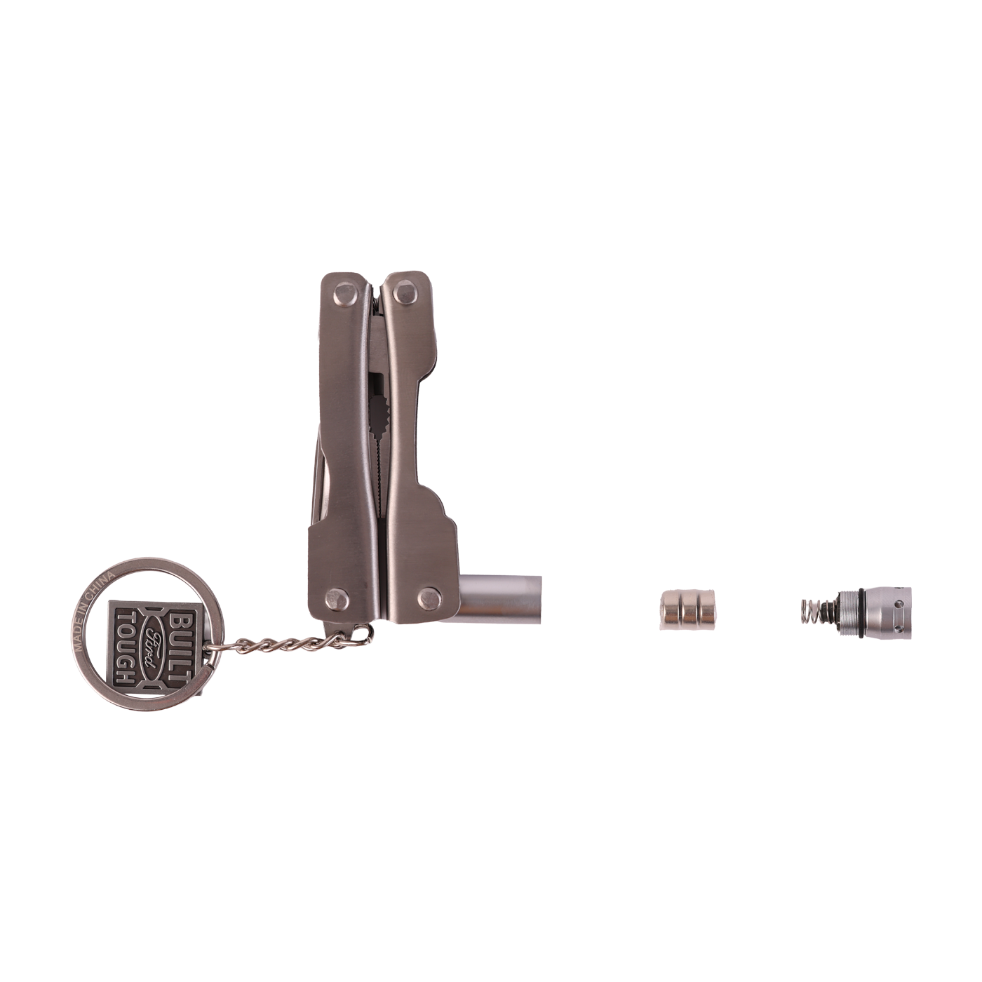 Multi-tool with keychain attachment on a white background