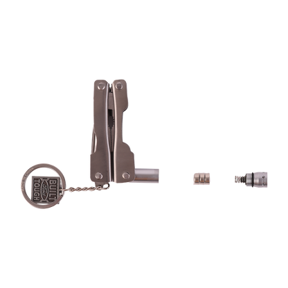 Multi-tool with keychain attachment on a white background