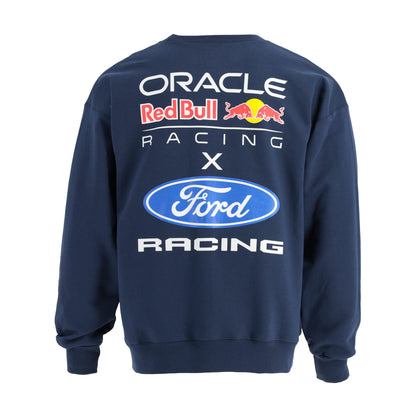 Navy blue sweatshirt with Oracle Red Bull Racing and Ford Racing logos on a white background