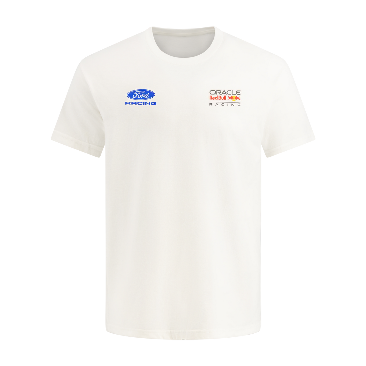 ford racing and red bull oracle racing logos on white t-shirt