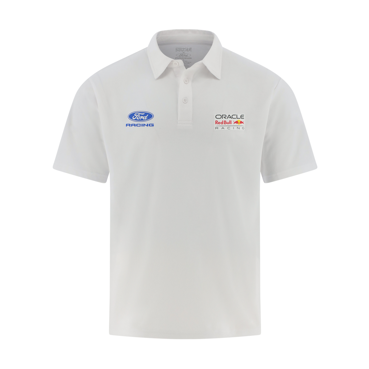 White polo shirt with Ford Racing and Oracle Red Bull Racing logos on a white background