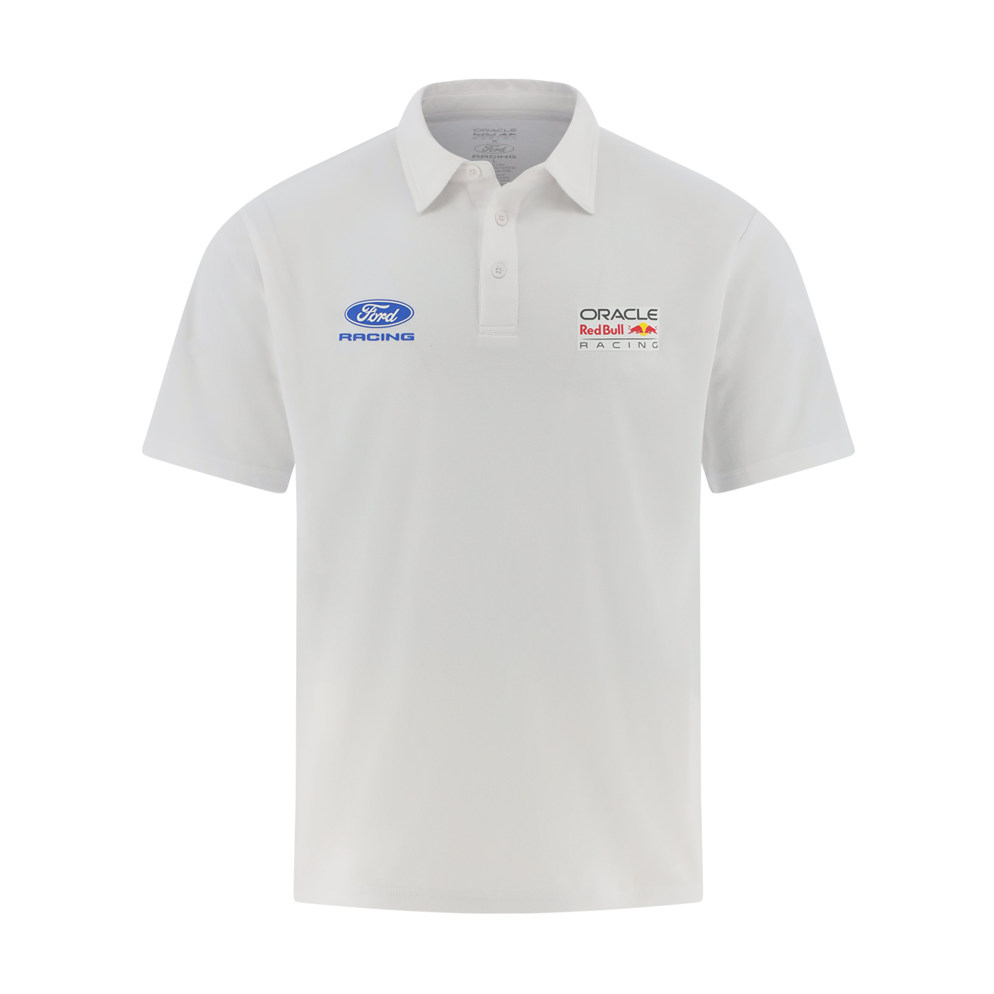 White polo shirt with Ford Racing and Oracle Red Bull Racing logos on a white background