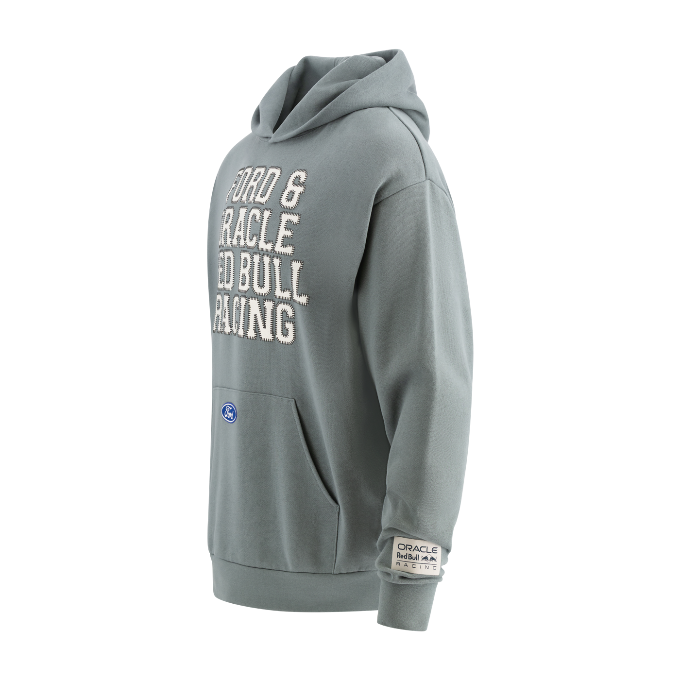 Gray hoodie with 'Red Bull Racing' text on a white background