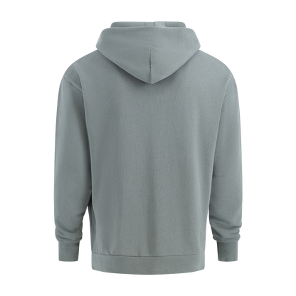 Gray hoodie shown from the back on a white background
