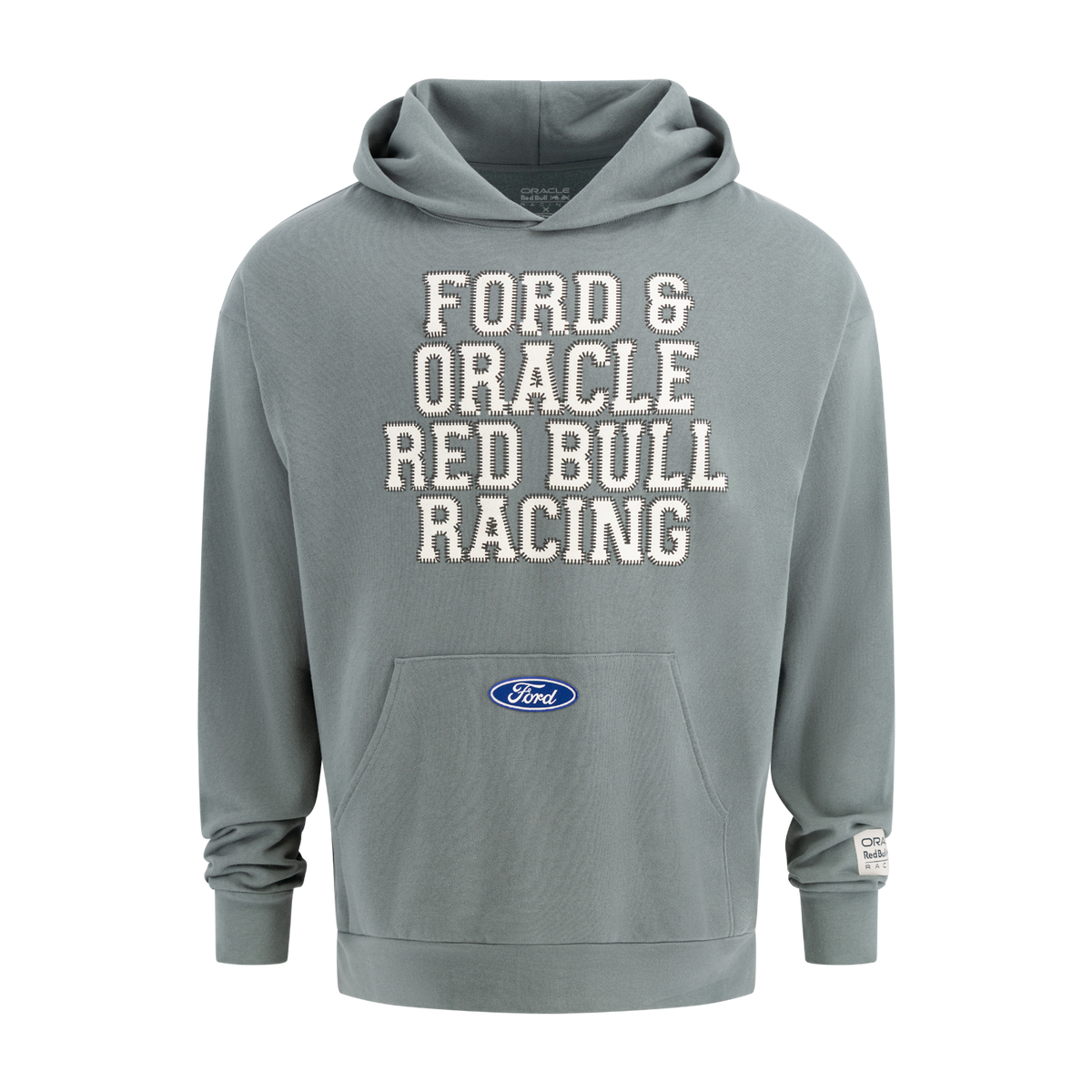 Gray hoodie with 'Ford & Oracle Red Bull Racing' text on a white background