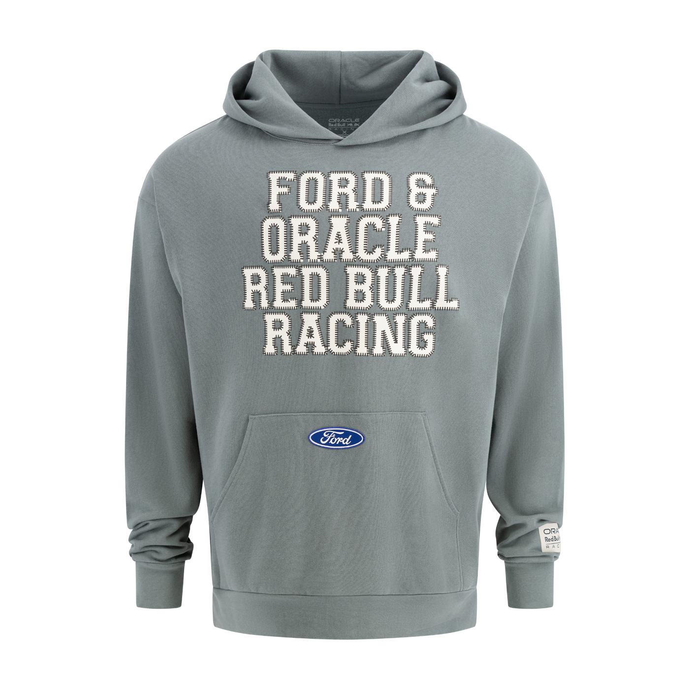 Gray hoodie with 'Ford & Oracle Red Bull Racing' text on a white background