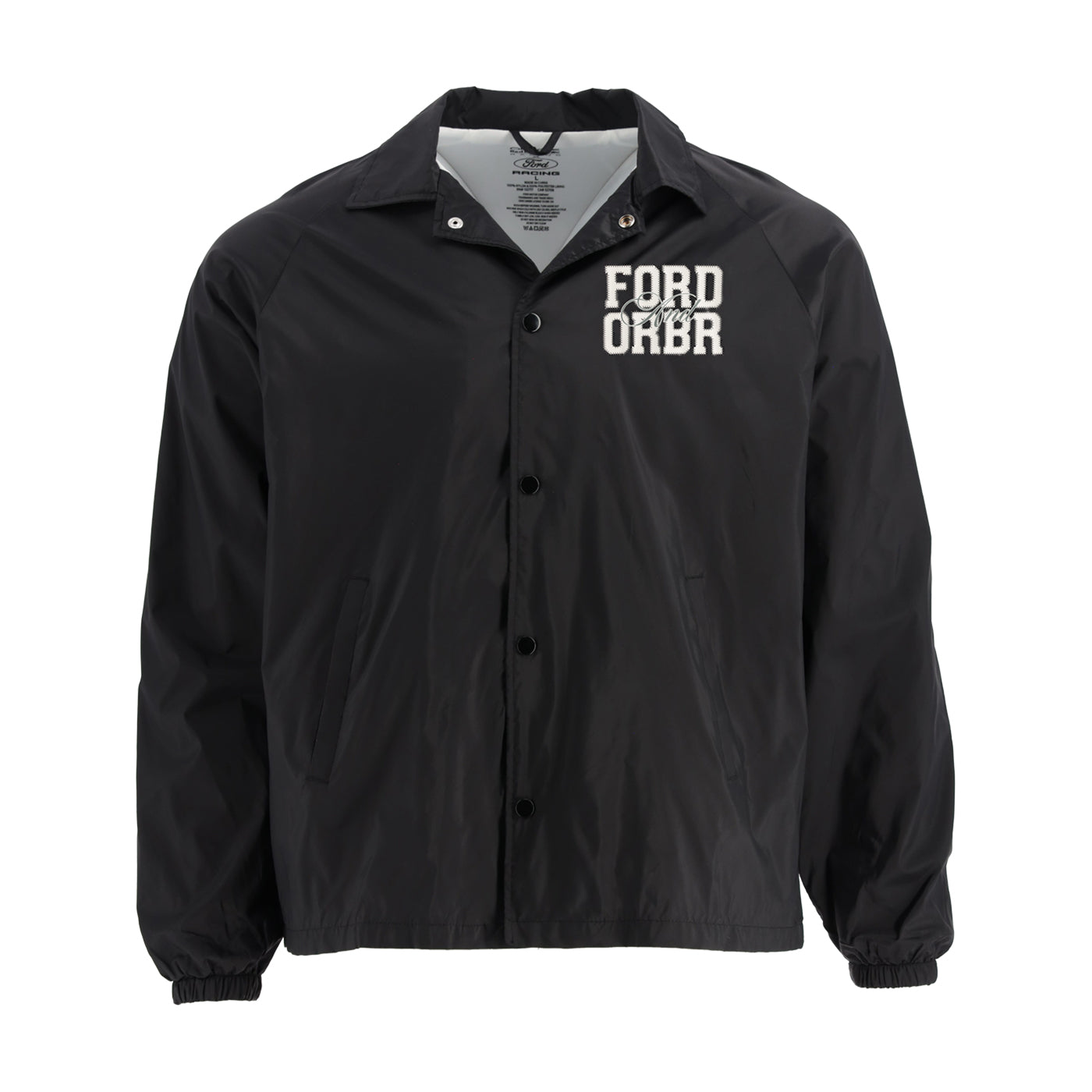 Black jacket with 'Ford Over ORBR' text on a white background