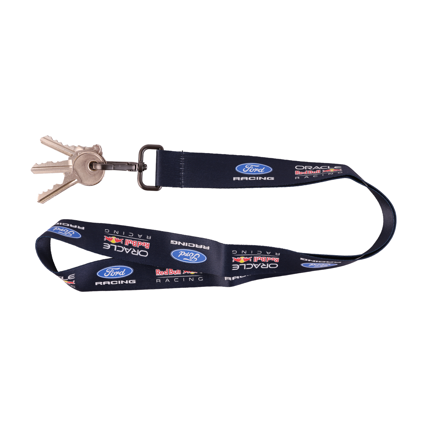 Keychain with a lanyard featuring Ford Racing and Oracle Red Bull Racing logos on a white background