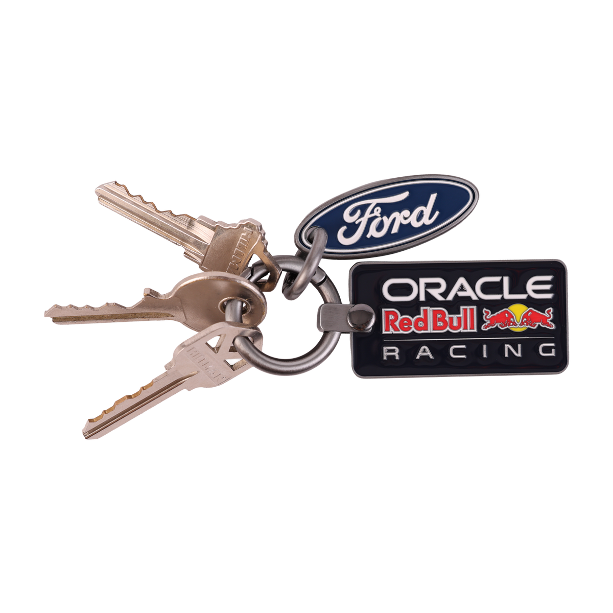 Keychain with Ford and Oracle Red Bull Racing logos on a white background