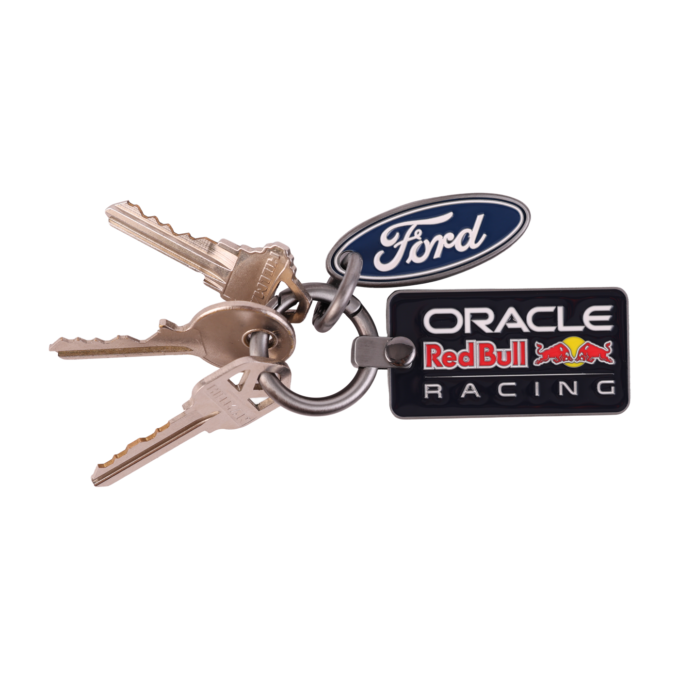 Keychain with Ford and Oracle Red Bull Racing logos on a white background