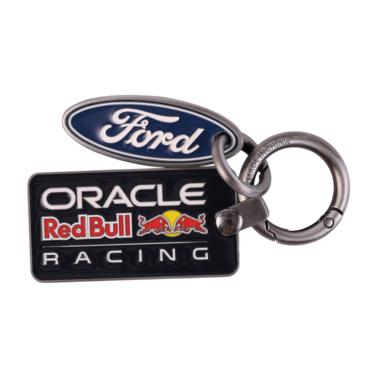 Keychain with Ford and Oracle Red Bull Racing logos on a white background