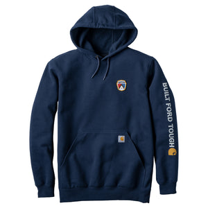 A navy blue hooded sweatshirt with a drawstring hood, kangaroo pocket, a small shield logo on the left chest, and 'BUILT FORD TOUGH' printed vertically in white along the right sleeve, shown on a plain white background.