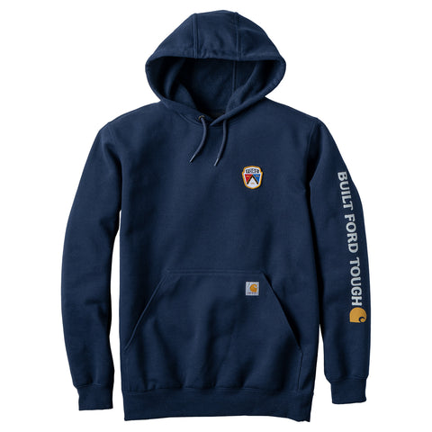 A navy blue hooded sweatshirt with a drawstring hood, kangaroo pocket, a small shield logo on the left chest, and 'BUILT FORD TOUGH' printed vertically in white along the right sleeve, shown on a plain white background.