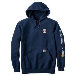 A navy blue hooded sweatshirt with a drawstring hood, kangaroo pocket, a small shield logo on the left chest, and 'BUILT FORD TOUGH' printed vertically in white along the right sleeve, shown on a plain white background.