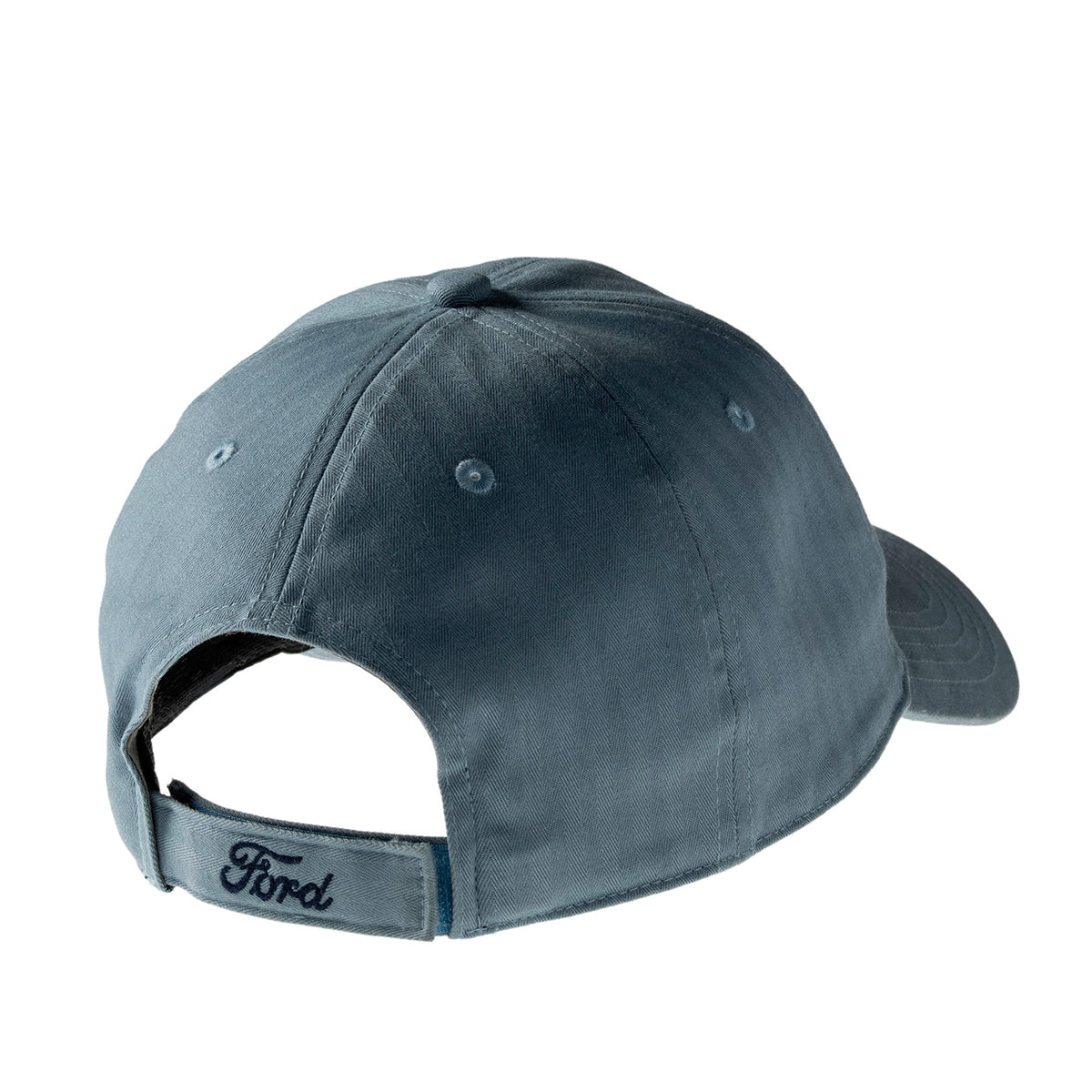 A dark slate blue Ford baseball cap shown from the back, featuring an adjustable strap with the Ford logo embroidered on it, set against a plain white background.