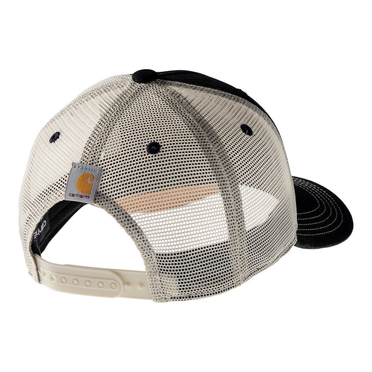 back of a white mesh snapback hat with a Carhartt logo
