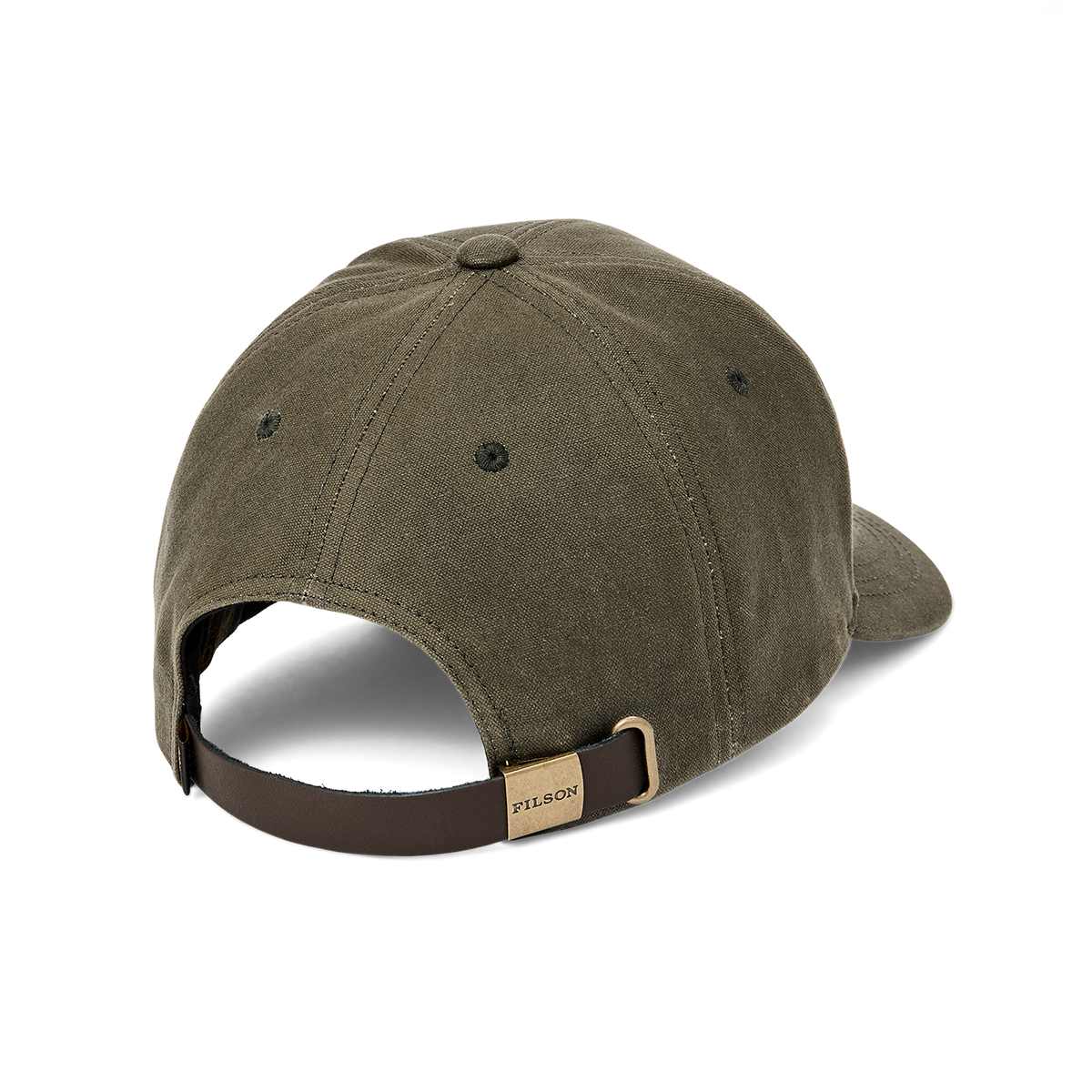 back of a green hat with a leather strap and gold filson buckle