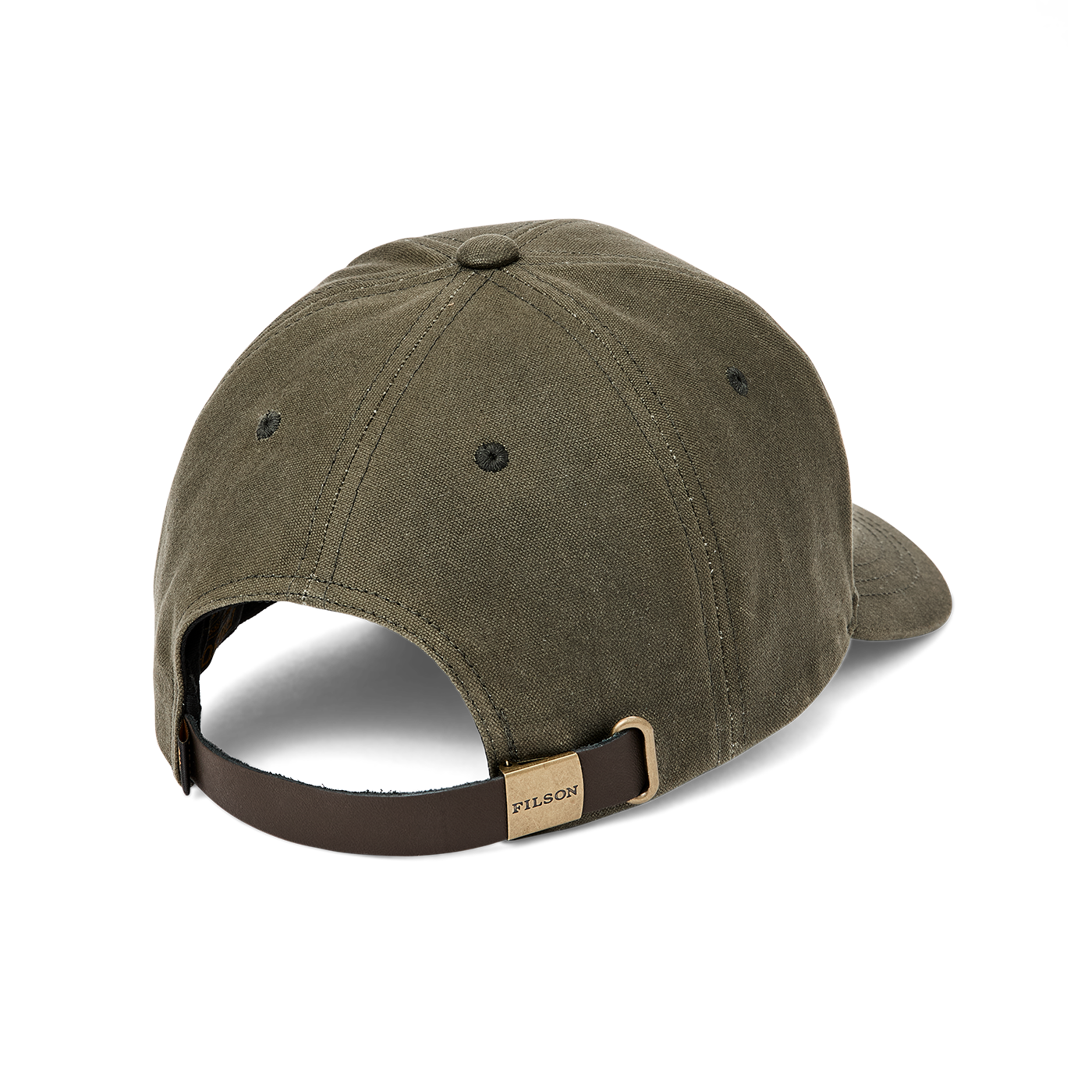 back of a green hat with a leather strap and gold filson buckle