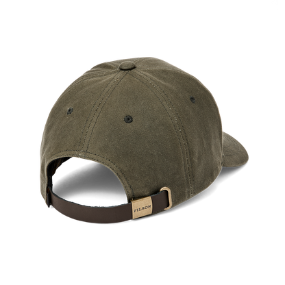 back of a green hat with a leather strap and gold filson buckle