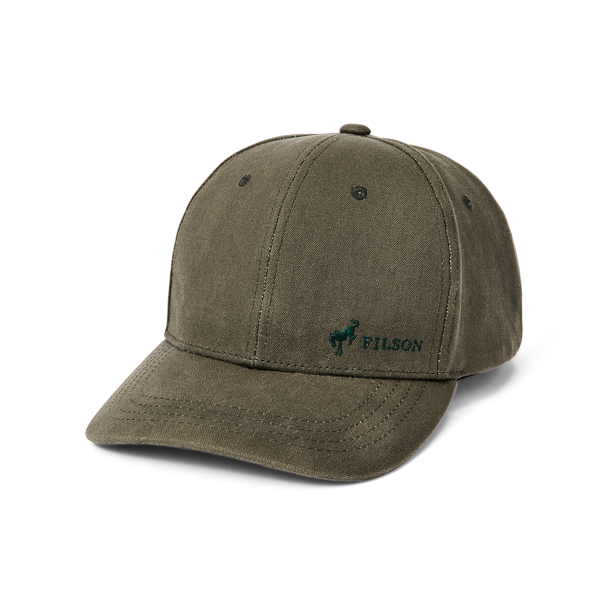 green hat with a dark green filson logo and bronco horse logo