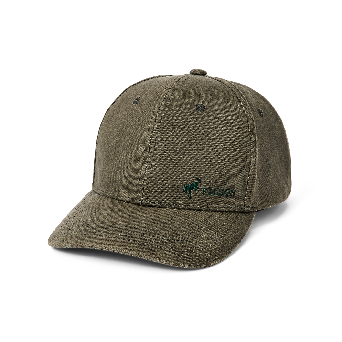 green hat with a dark green filson logo and bronco horse logo