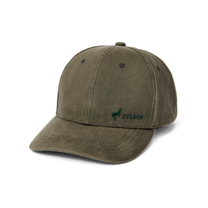green hat with a dark green filson logo and bronco horse logo
