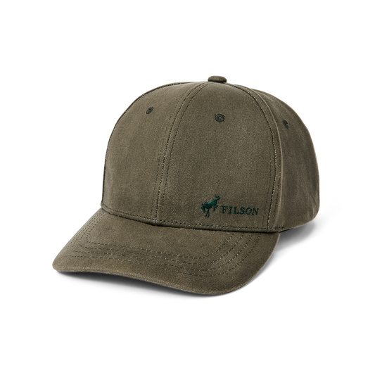green hat with a dark green filson logo and bronco horse logo