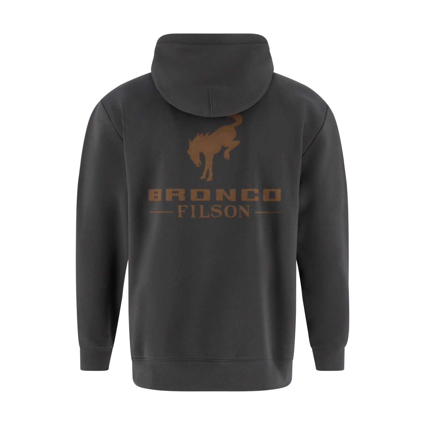 Dark gray hoodie with 'Bronco Filson' logo on the back against a white background