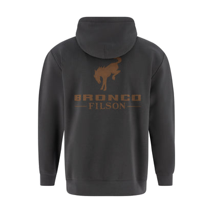 Dark gray hoodie with 'Bronco Filson' logo on the back against a white background